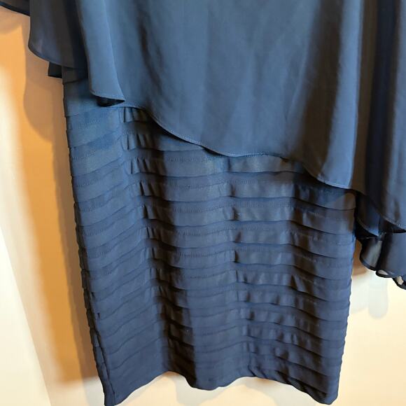 ADRIANNA PAPELL Size 6 Black Chiffon Drape Overlay Banded Abv. Knee Dress - Picture 2 of 5